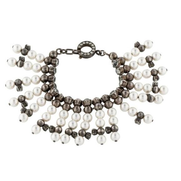 Lanvin White Faux Pearl Gray Crystal Beaded Toggle Antique Gunmetal Bracelet - Picture 2 of 10